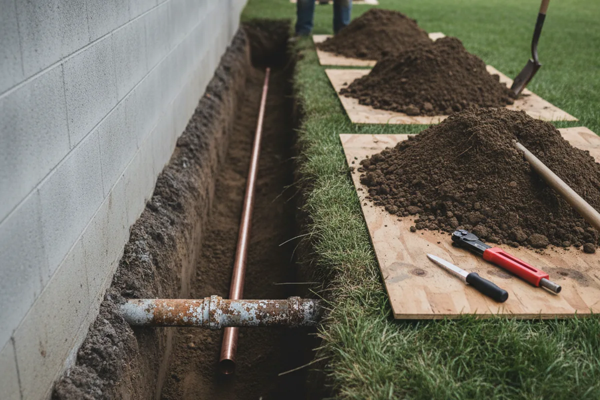 Excavated water line trench during Water Softener Installation in Mccammon